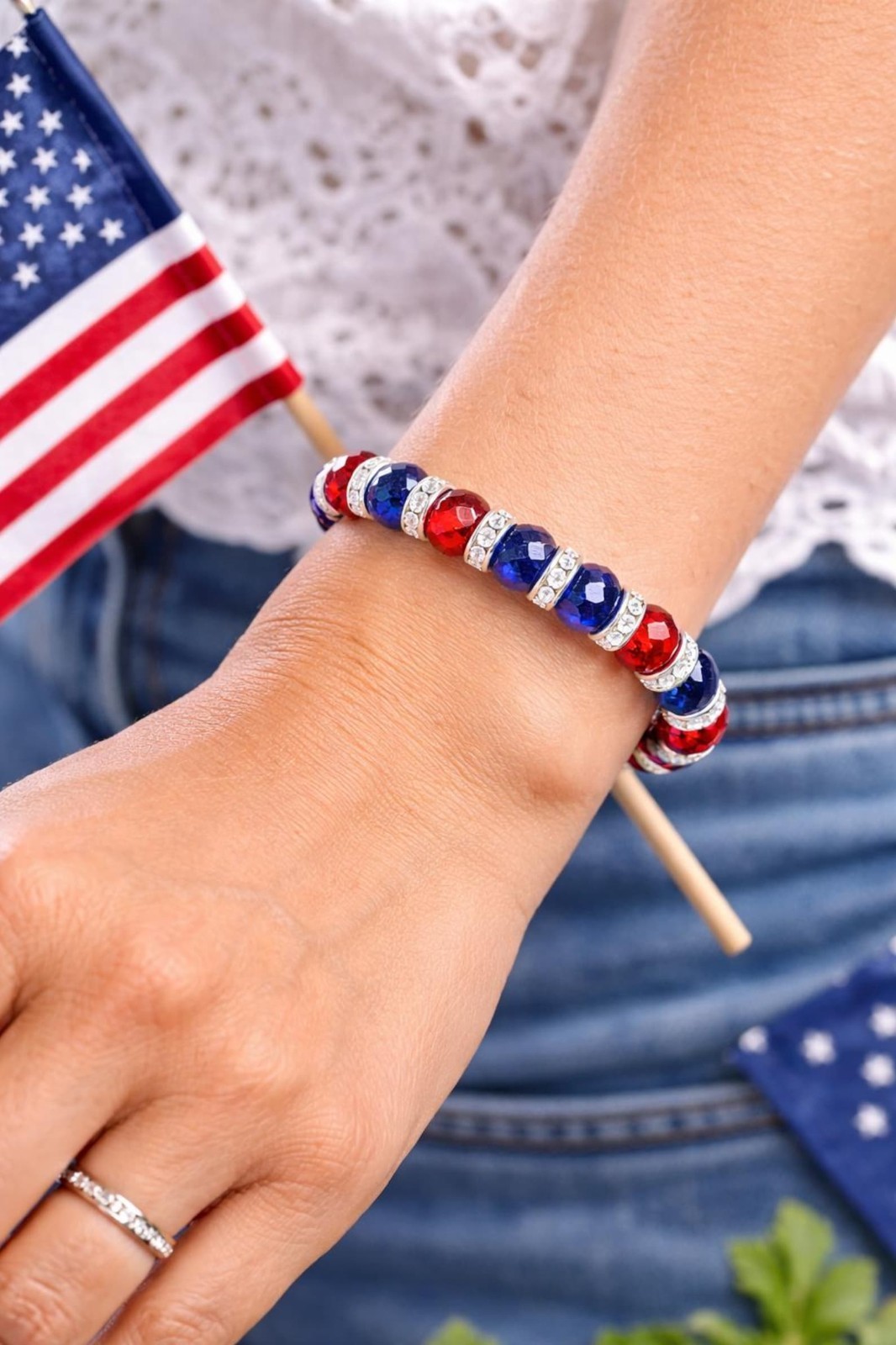 Patriotic Red White Blue Stretch Bracelet – Hypoallergenic Beaded Bracelet gallery