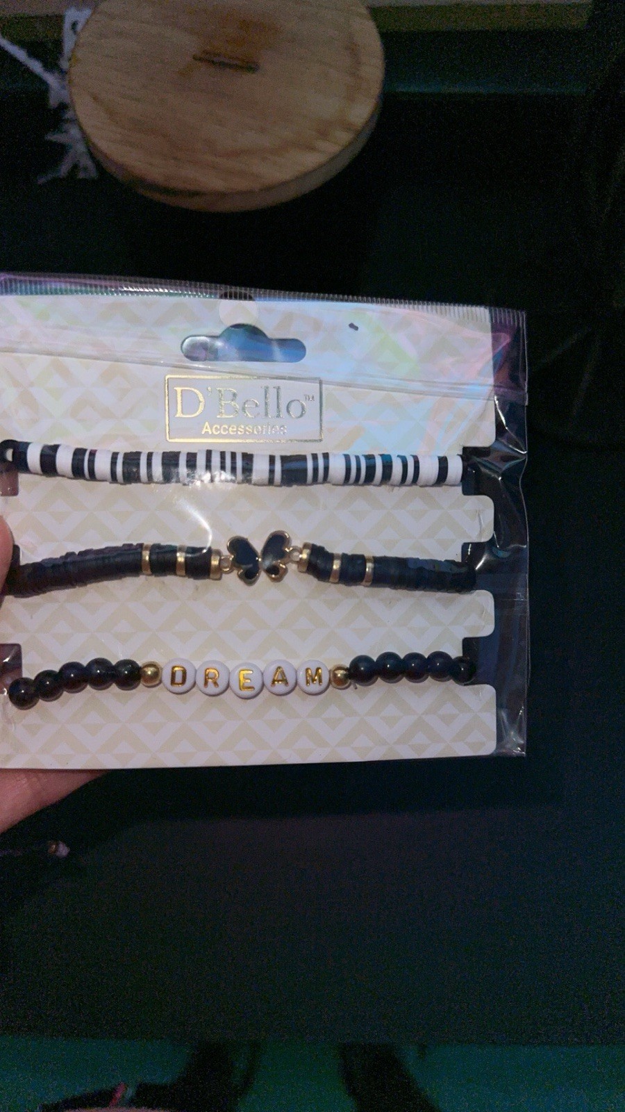 D'Bello 3pc Bracelet Set Black White Gold Beaded Charm DREAM Butterfly gallery