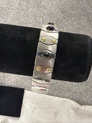 Vintage Stainless Steel 18K GOLD Black Onyx Cabochons Stretch Expansion Bracelet