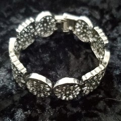 Silver Tone Round Filigree Disc Hinged Cuff Bracelet Metal Stackable No Stone