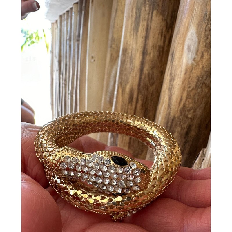 VTG Mob Wife Gold Mesh Flexible Coiled Snake Bracelet Crystal Head & Tail 0/S gallery