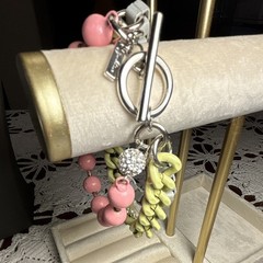 Silver Tone Multi-Strand Curb Chain Bracelet Pink Beads Toggle