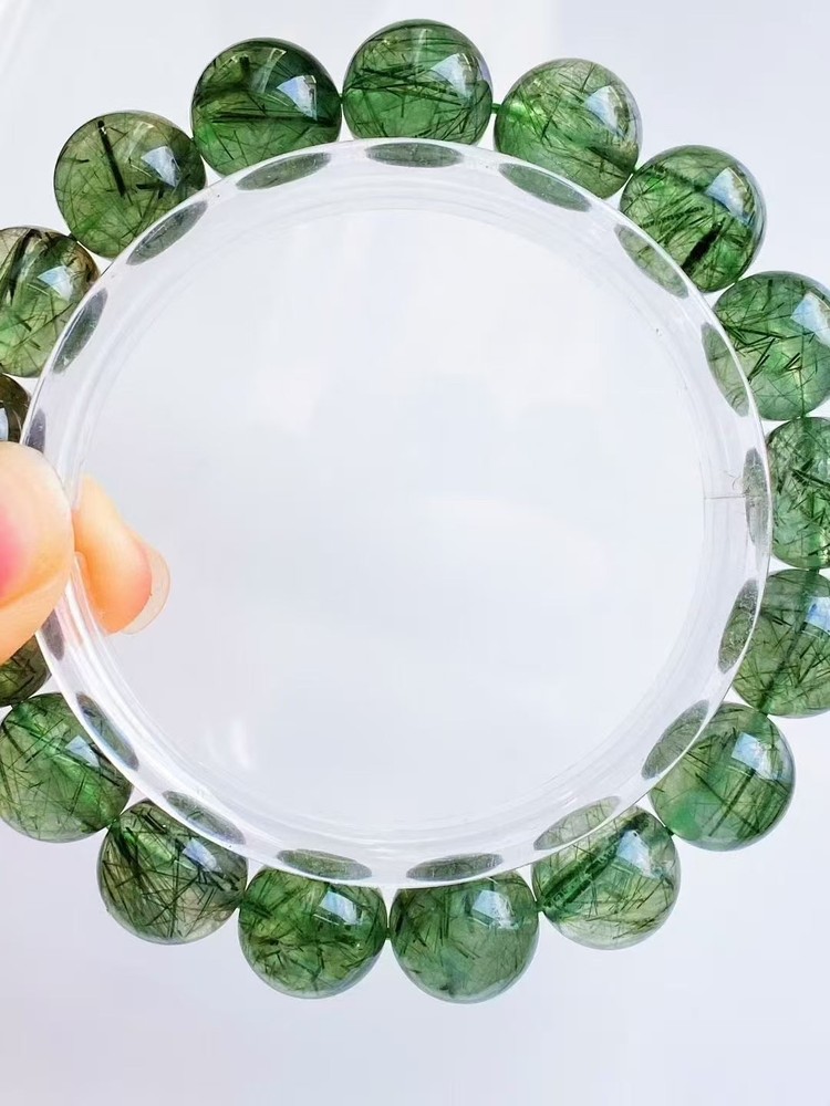Genuine Natural Green Rutilated Quartz Crystal Round Beads Bracelet 12mm AAAAA