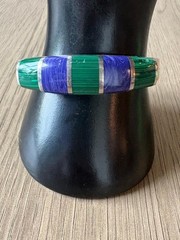 Vintage Taxco Mexico Sterling Silver Green and Blue Inlay Bangle Bracelet