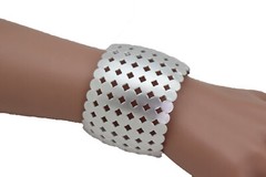 Women Silver Metal Cuff Wrist Bracelet Geometric Circle Squares Art Deco Style