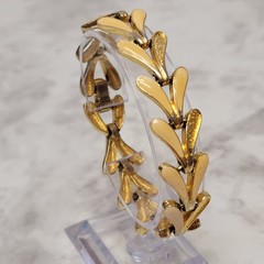 VTG 40s Pink Enamel & Gold Tone Bracelet Leaf Foldover Clasp Art Deco 7″ Gift