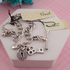 Fossil Pave Rhinestone Heart Key Lock Silver Tone 6 1/2″ Charm Bracelet Orig Tag