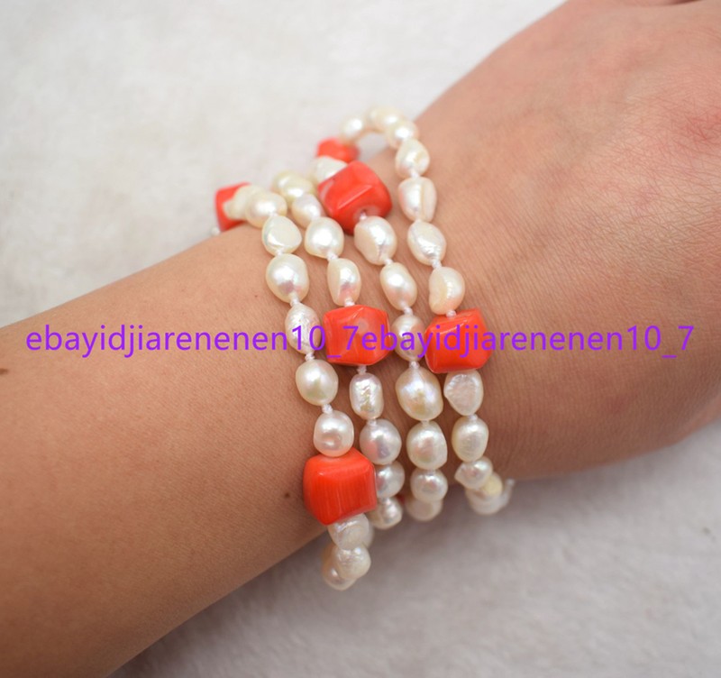 4 Rows 8-9mm White Baroque Pearl & Orange Coral Irregular Beads Bracelets 7.5 in gallery