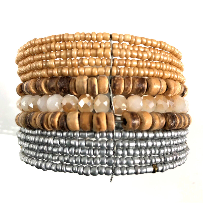 wide cuff bracelet beaded wire natural tan gray silver seed beads boho casual gallery