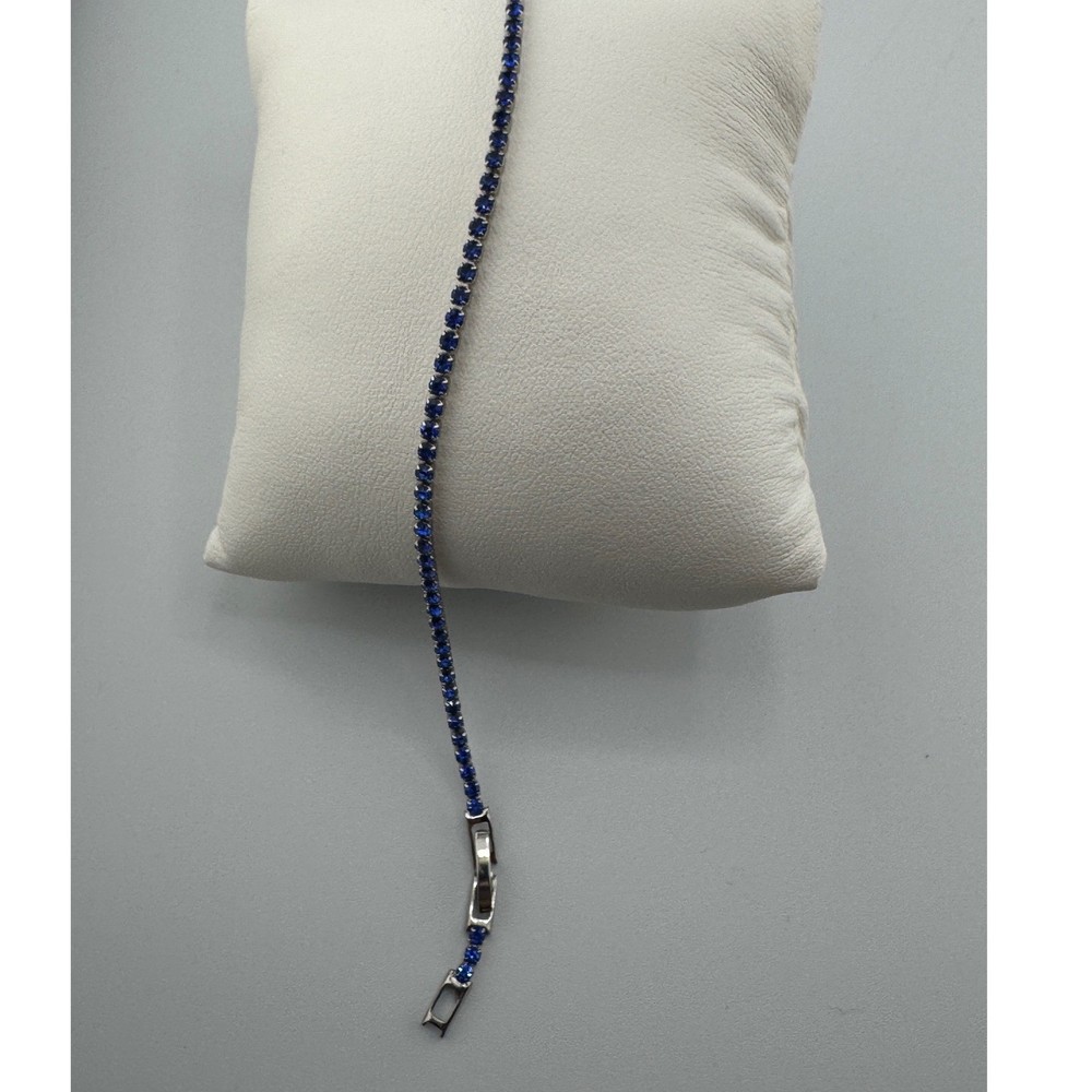 Silver Tone Blue Crystal Tennis Bracelet Round Cut Stones Fold Over Clasp 7.5in
