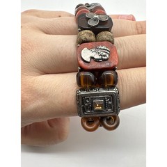 Bohemian Mixed Media Stretch Bracelet Silver Cameo Wood Resin Beads Brown Orange