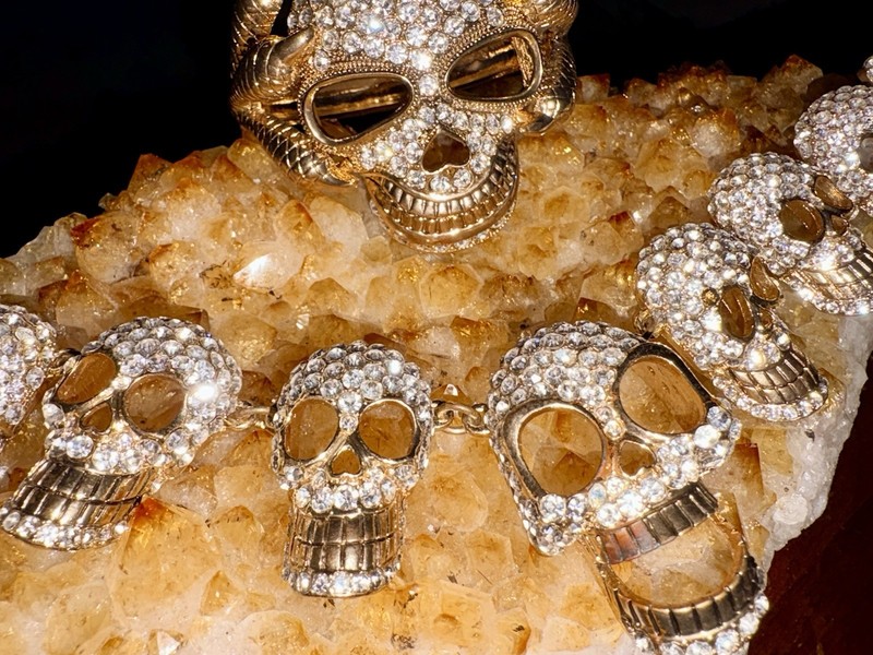 Gold Skull Crystal Bangle Charm Bracelet Stackable Gothic Halloween gallery