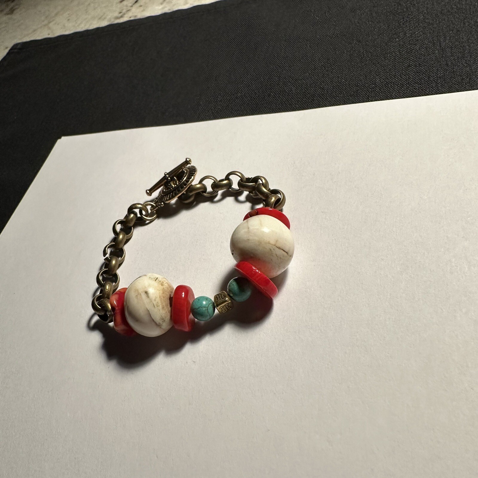 Beaded Chain Bracelet 7 4/8 Inch Red Beige Blue Bronze Gold Tone gallery
