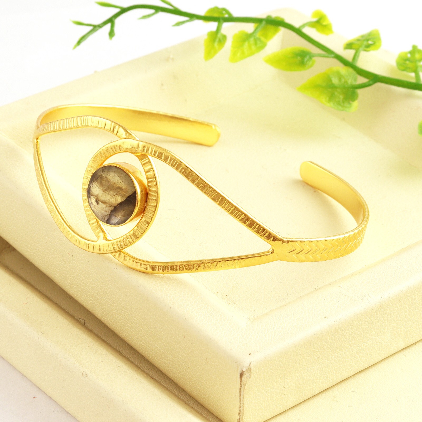 Labradorite Double Layer Yellow Gold Plating Statement Adjustable Women's Bangle gallery