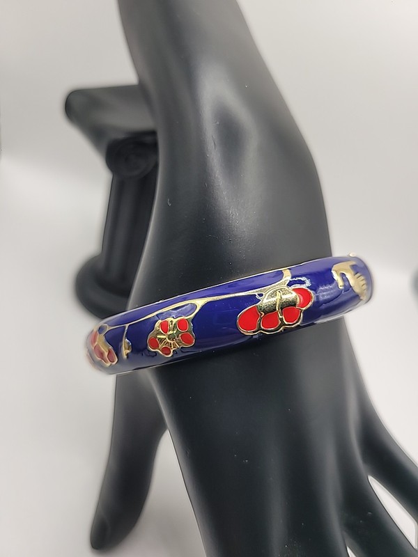 Vintage Blue Enamel Floral Hinged Bangle Bracelet Gold Tone Cloisonne' Style gallery
