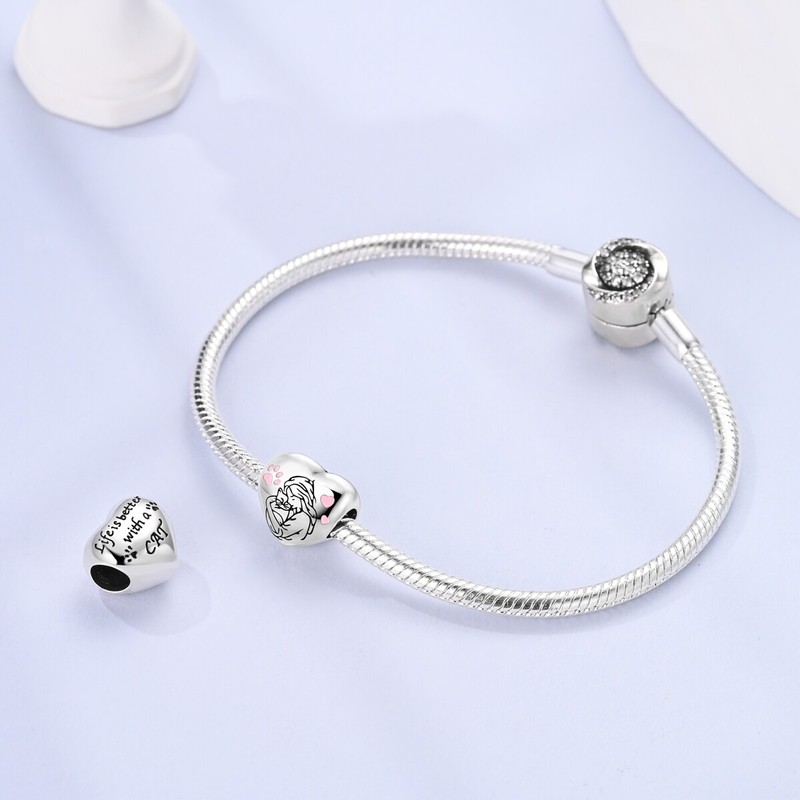 MULA European Girl Cat Love Heart DIY Charm For Women Bracelet 925 Silver Plated gallery