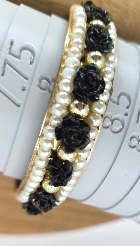 Black Rose Bangle Bracelet Vintage 90s Black White Gold Tone Floral Cuff gallery