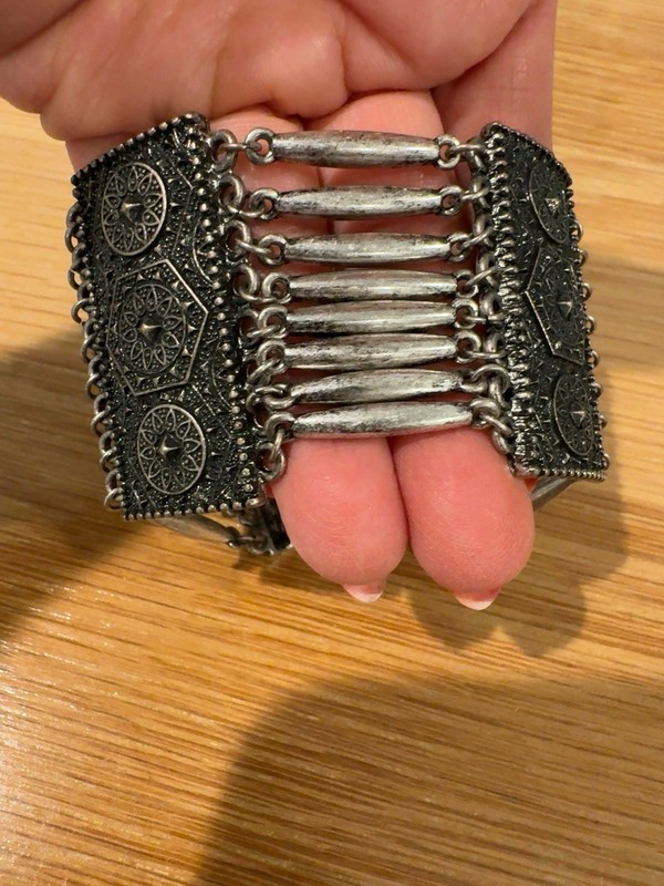 Vintage Silver Tone Boho Tribal Wide Panel Bracelet Adjustable Statement Cuff gallery