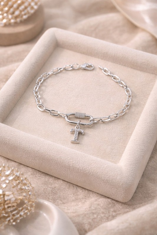 Personalised Silver Initial Chain Bracelet with Carabiner Clasp gallery