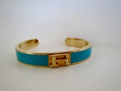 “R” Initial Letter Gold Plated Turquoise Enamel 12mm Wide CUFF BANGLE BRACELET