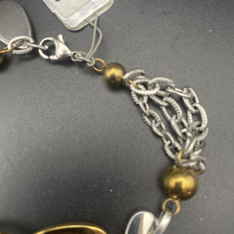 NWT Bracelet Stainless Steel Two-Tone Love Heart Link Bead Textured Chain 7.75" gallery