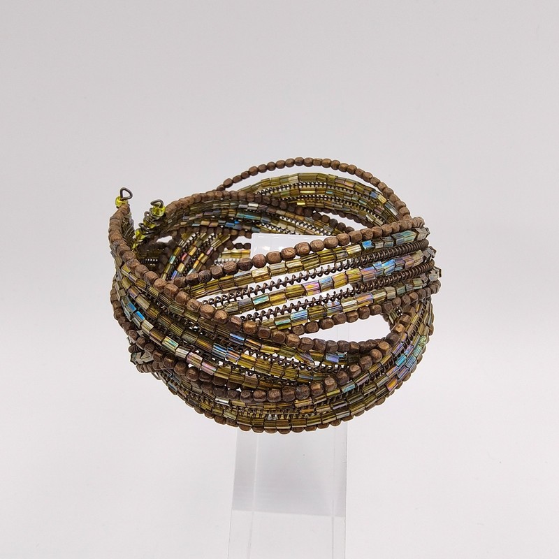 Boho Chic Memory Wire Cuff Bracelet Yellow-Green Glass Wood Seed Beads gallery