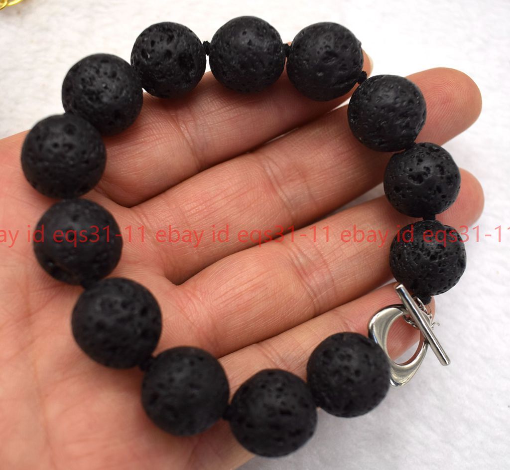 Pretty Large 10/12/14mm Black Lava Rock Round Gemstone Beads Bracelet 7.5'' gallery