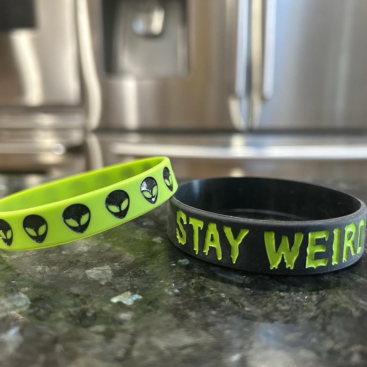 2 pcs Gothic Y2K Alien “Stay Weird Punk silicone Bracelet Style Black Green gallery