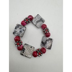 Magenta Snakeskin Square Bead Stretch Bracelet Red Rhinestone Floral Accents