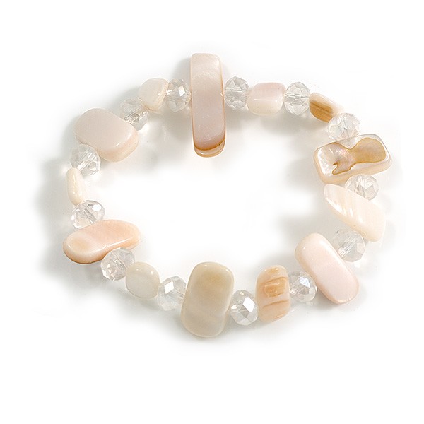 Transparent Glass and Off White Sea Shell Bead Flex Bracelet - M/L gallery