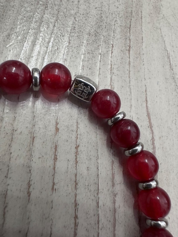 Rustic Cuff Deep Red Beaded Stretch Bracelet Silvertone Charm gallery