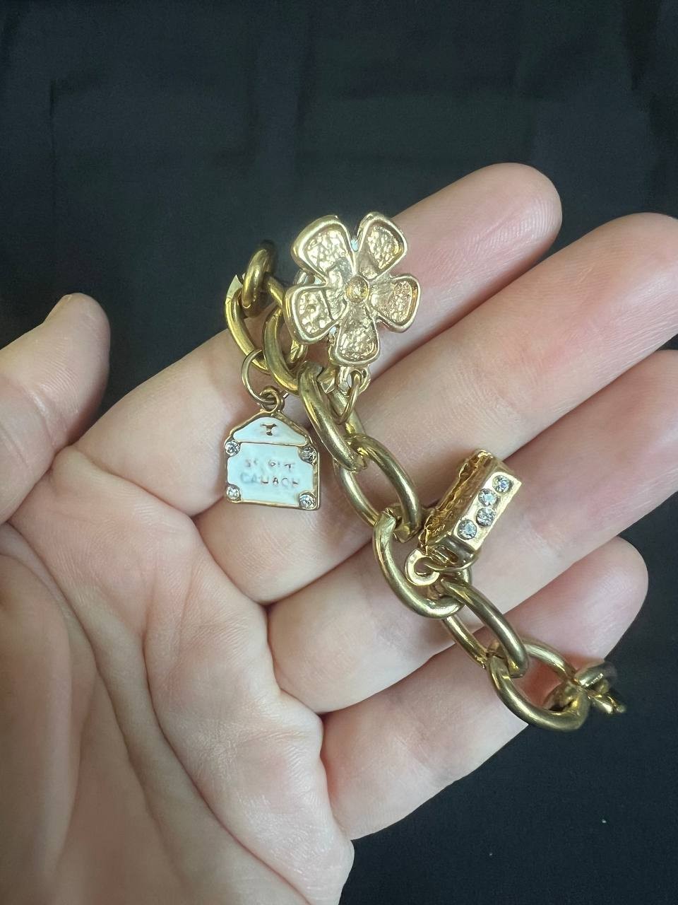 Gold Tone Charm Bracelet Faux Pearl Heart Flower Charms Toggle Chunky Chain gallery