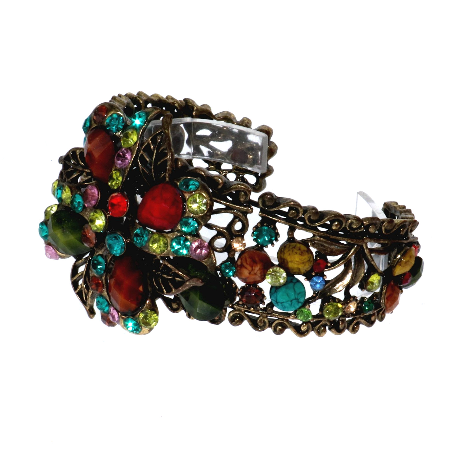 Antique Brass Finish Chunky Flower Statement Cuff Bracelet Rhinestone 2" Wide gallery