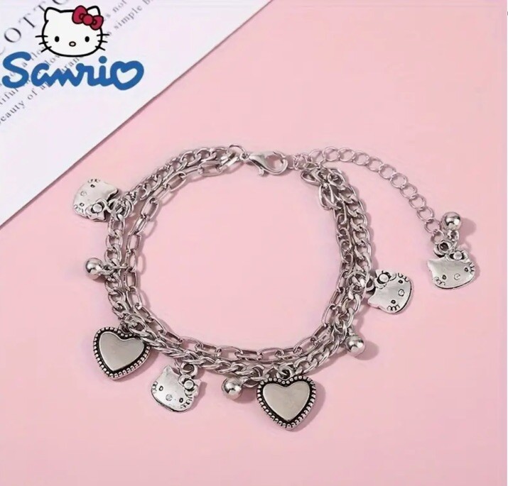 Sanrio Silver Hello Kitty Multiple Charm Adjustable Fashion Fun Trendy Bracelet