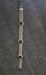 Silver Tone Rope Chain Link Bracelet Fold Over, 3 Oval Black Onyx Bezel
