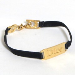 Auth Christian Dior Goldtone Metal Plate Bracelet Black Fabric 18cm/7″ Good