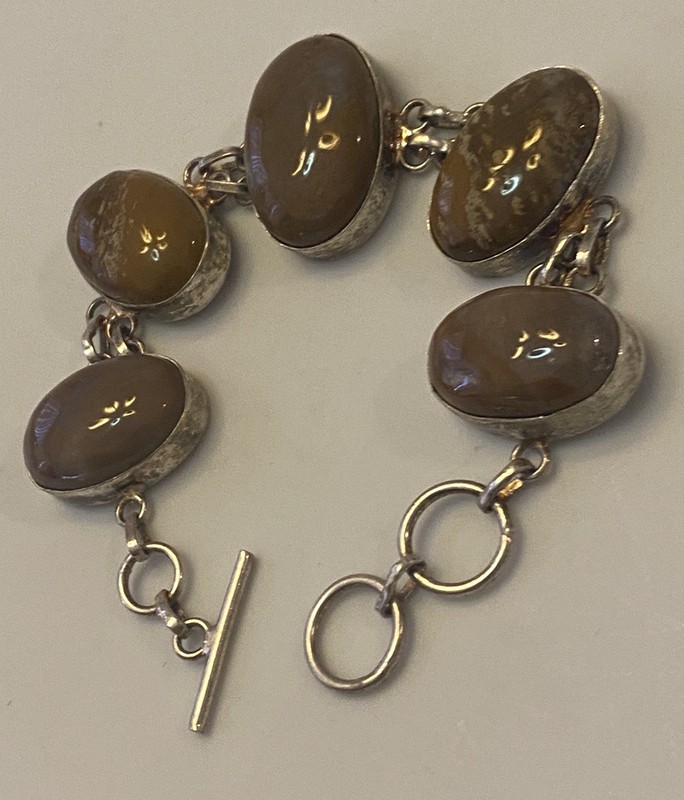 Silver Bezeled Polished Agate Linked Bohemian Bold Nature Earth Tone Bracelet gallery