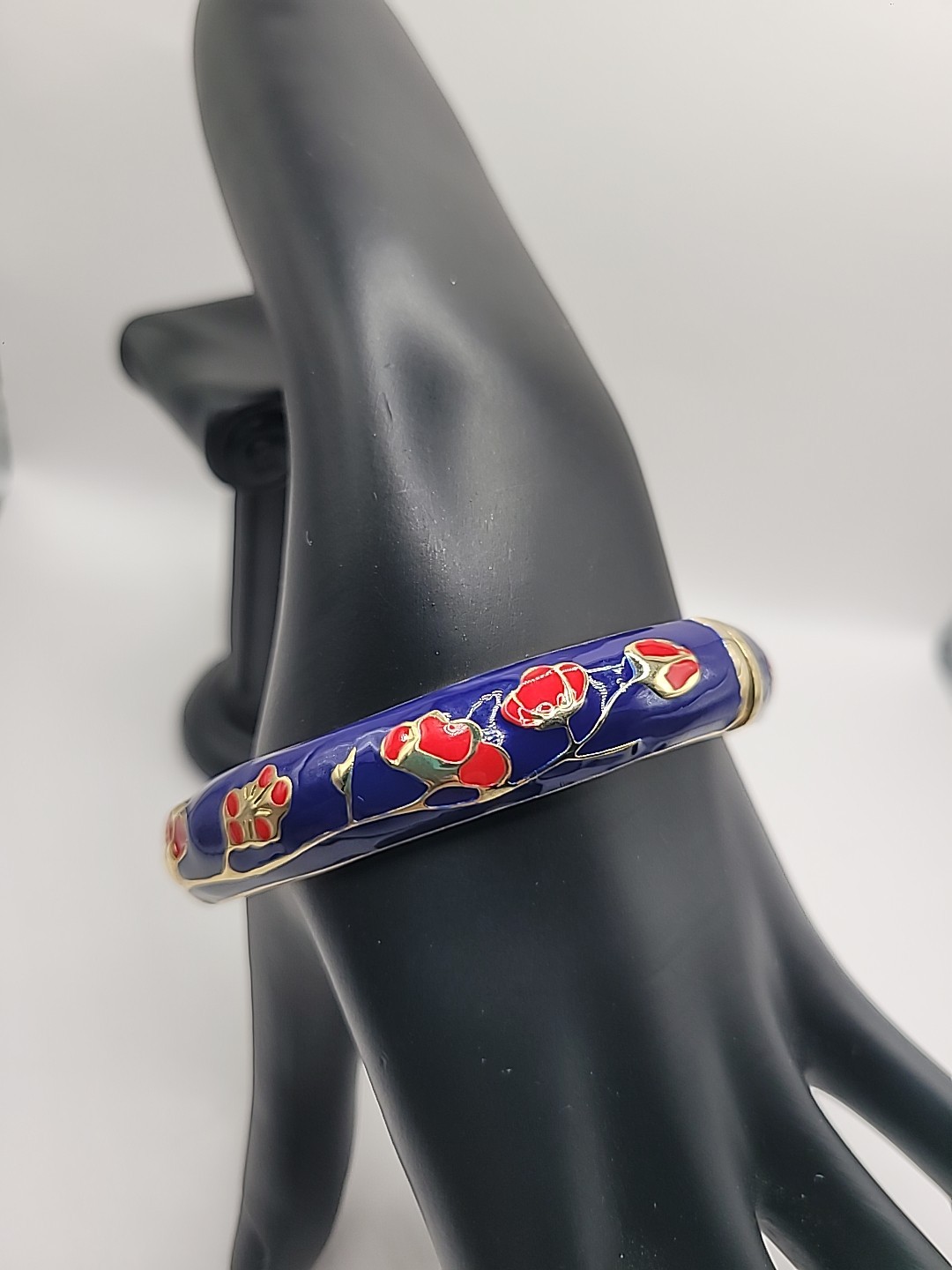 Vintage Blue Enamel Floral Hinged Bangle Bracelet Gold Tone Cloisonne' Style gallery