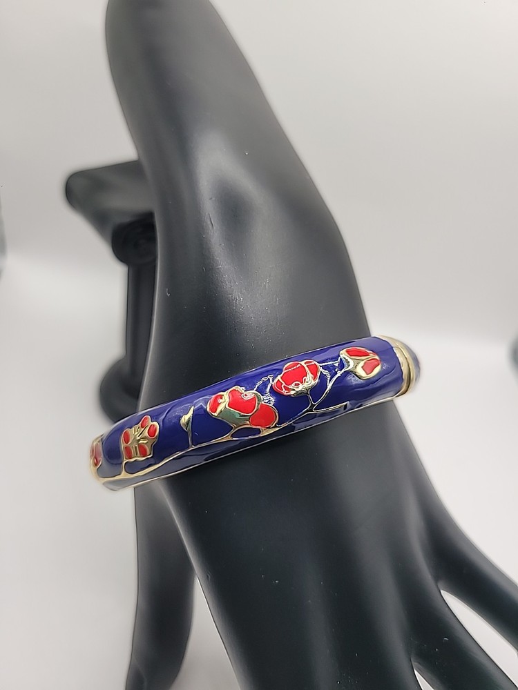 Vintage Blue Enamel Floral Hinged Bangle Bracelet Gold Tone Cloisonne' Style