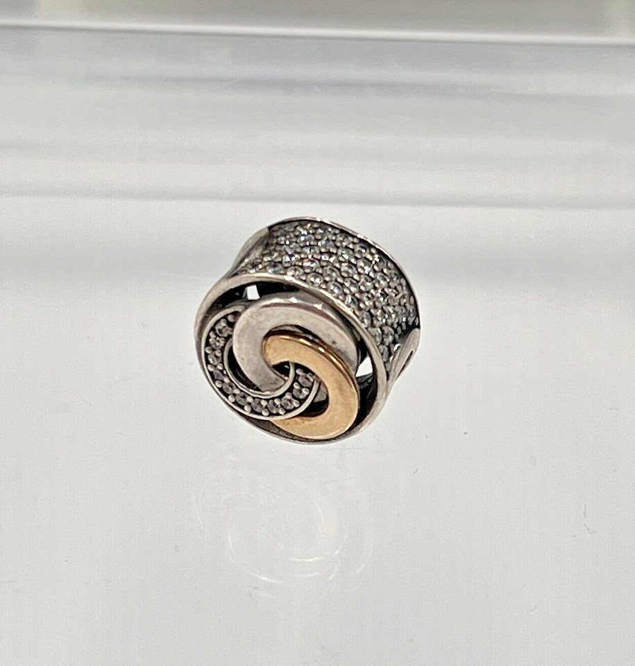 Vtg Pandora Sterling & 14K Interlinked Circles Charm Retired, Pave-Set CZs gallery