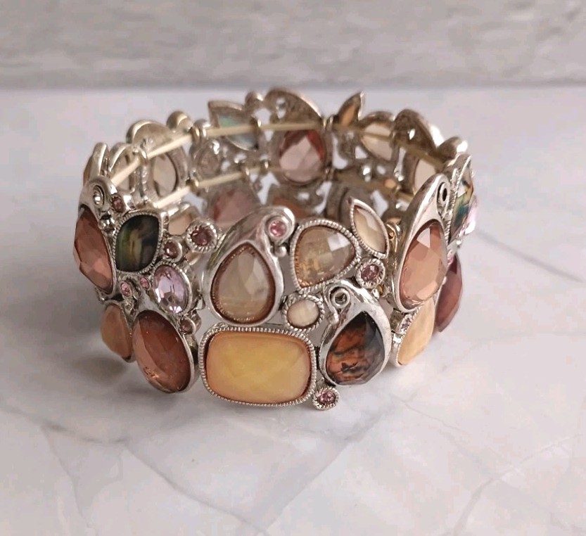 Silver Tone Stretchy Cuff Bangle Multi Colour/Shape Rhinestones VGC