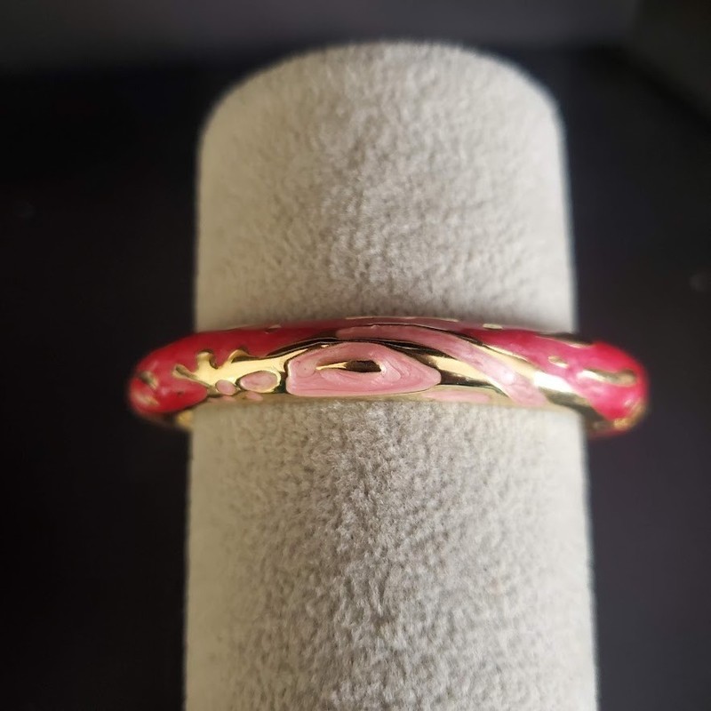 Vintage Pink and Red Enamel Gold Tone Hinged Bangle Bracelet Floral Abstract gallery