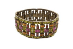 Bracelet Brass Tone Green Purple Red Crystal Deco 7.25″