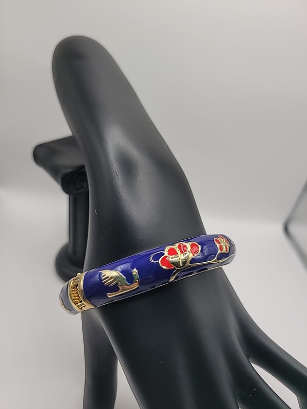 Vintage Blue Enamel Floral Hinged Bangle Bracelet Gold Tone Cloisonne' Style gallery
