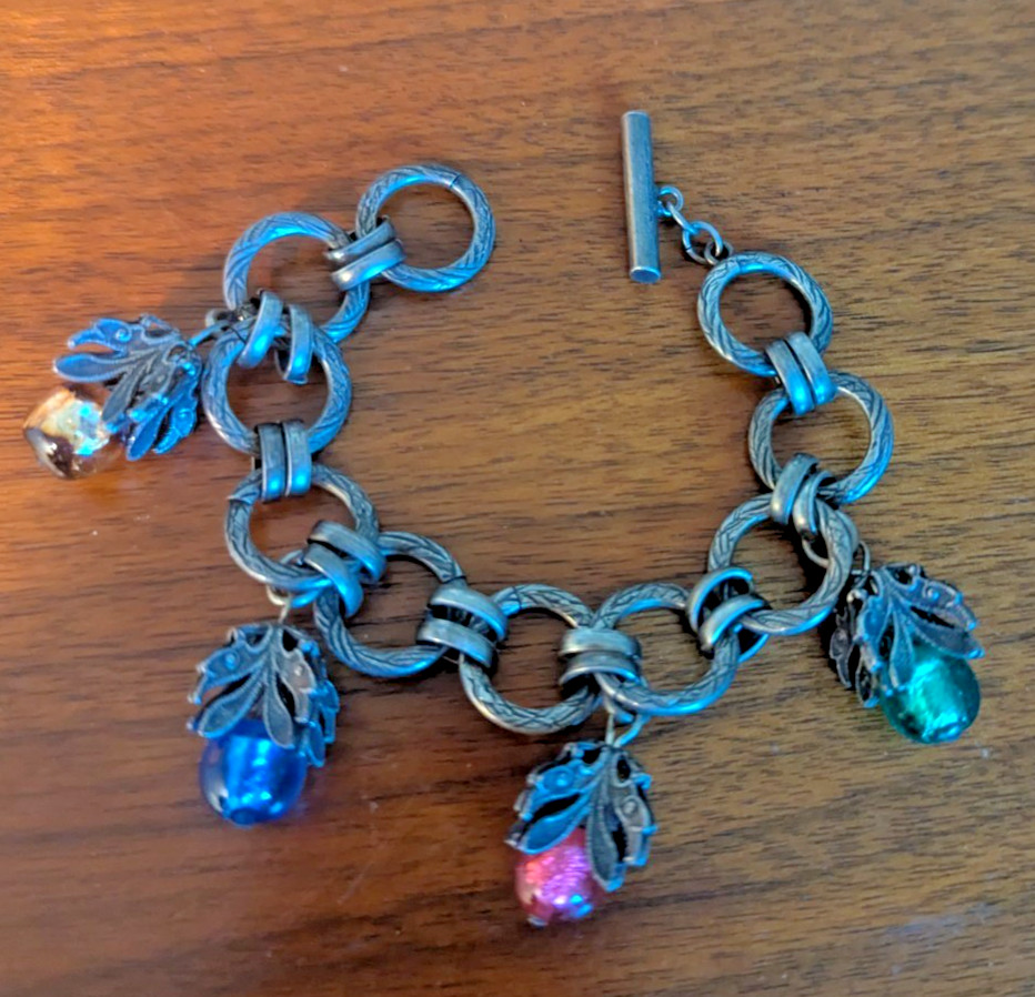 Foiled Multicolor Glass Dangle Charm Bracelet W Leaf Caps marked Made In France gallery