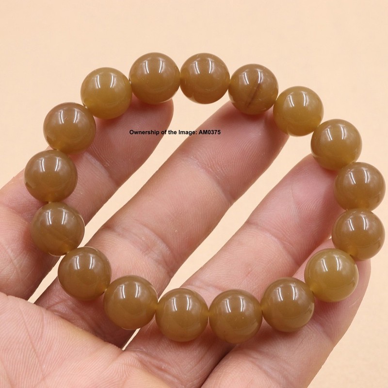 NEW Chinese Light-Brown Jade Quartz Bracelet 12mm Bead Elastic Bracelet 15-17cm gallery
