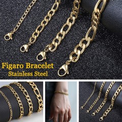 3-9mm Mens Gold Plated Stainless Steel Figaro Chain Bracelet Father’s Day Gift