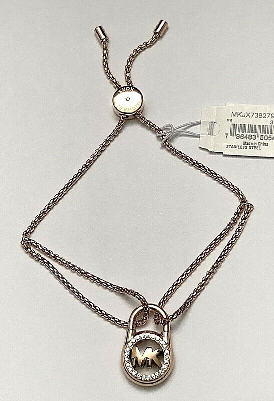 NWT MICHAEL KORS ROSE GOLD-TONE CRYSTAL PAVE PADLOCK SLIDER BRACELET MSRP $85.00 gallery