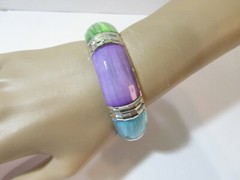 PLASTIC FUN BANGLE BRACELET COLORFUL SILVER AND PANELED CHUNKY CONTEMPORARY