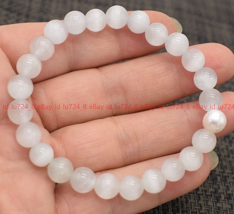 Natural 8mm Multicolor Gemstone &White Pearl Round Beads Elastic Bracelet 7.5" gallery